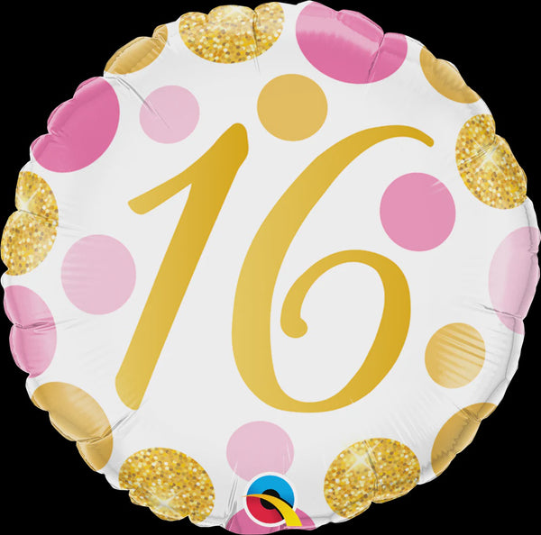 18" ROUND FOIL 16 PINK & GOLD DOTS